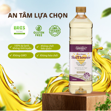 Dầu ăn ép lạnh hoa rum SHO RBD 750ml, Plenty Úc giàu omega 9, vitamin E phù hợp chiên xào